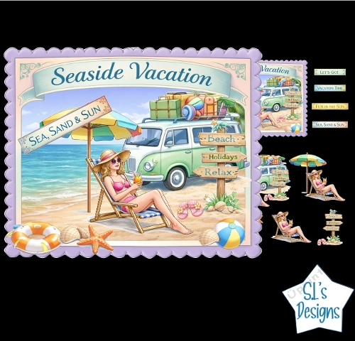 Seaside Vacation Summer Card Kit – Beach Holiday Female Relaxing Under Umbrella – Fun in the Sun Craft Printable