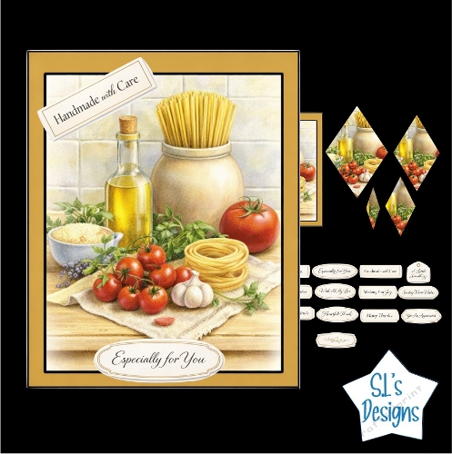 Rustic Kitchen Still Life Card Kit – Olive Oil, Pasta & Tomatoes – Warm Homestyle Cooking Craft Printable