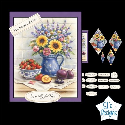 Floral Still Life Card Kit – Sunflowers, Roses & Summer Fruits – Elegant Kitchen Bouquet Printable