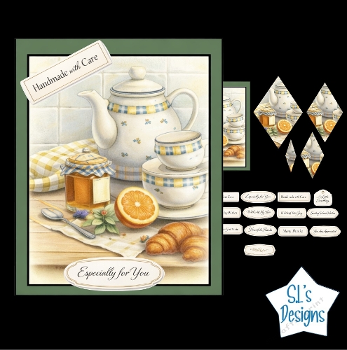 Cozy Breakfast Tea Time Card Kit – Teapot, Cup, Honey & Pastry – Warm Kitchen Still Life Printable