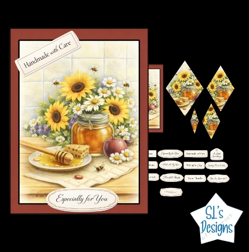 Honey & Sunflowers Still Life Card Kit – Rustic Floral Kitchen Scene – Warm Handmade Craft Printable