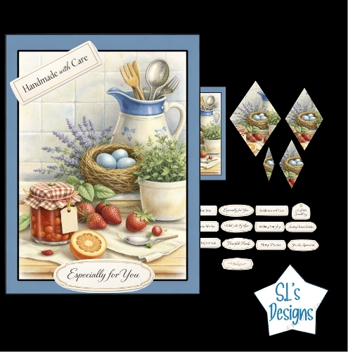 Country Kitchen Still Life Card Kit – Utensils, Blue Eggs & Fruit – Rustic Home Craft Printable
