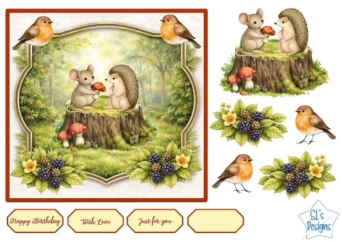 Woodland Mouse & Hedgehog on Tree Stump – Cute Forest Animals Card Front with Toppers & Sentiments