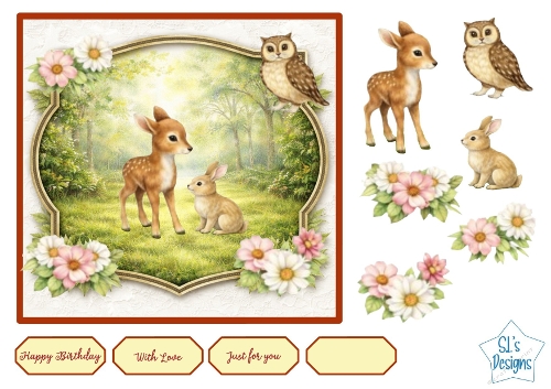 Woodland Fawn & Bunny Card Front – Cute Forest Animals with Owl, Flowers, Toppers & Sentiments