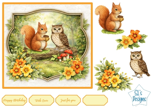 Woodland Squirrel & Owl Card Front – Forest Animals with Flowers, Toppers & Sentiments