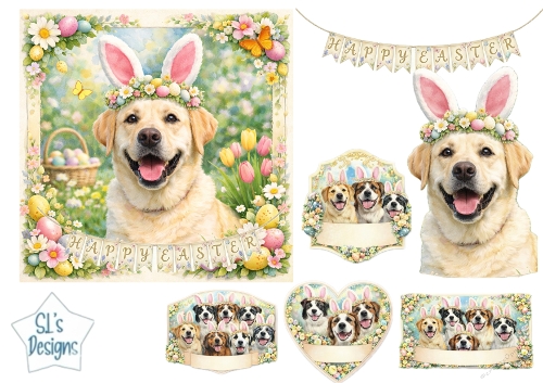 Happy Easter Dogs with Bunny Ears & Floral Crowns Card Topper 7