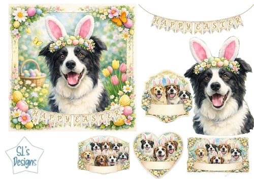 Happy Easter Dog with Bunny Ears & Spring Floral Card Topper 1