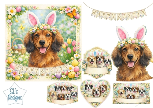 Happy Easter Dog with Bunny Ears & Spring Floral Card Topper 3