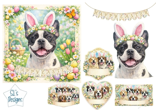Happy Easter Dog with Bunny Ears & Spring Flowers Card Topper 2