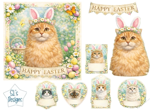 Happy Easter Cats with Bunny Ears & Spring Floral Card Topper 1