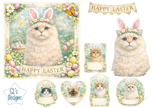 Happy Easter Cats with Bunny Ears & Pastel Spring Flowers Card Topper 3