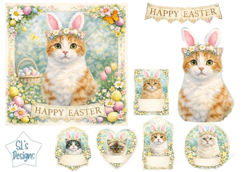 Happy Easter Cats with Bunny Ears & Spring Floral Card Topper 4