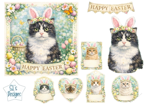 Happy Easter Cats with Bunny Ears & Spring Floral Card Topper 5