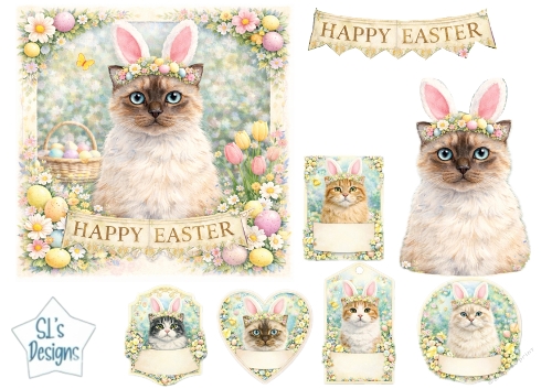 Happy Easter Cats with Bunny Ears & Spring Floral Card Topper