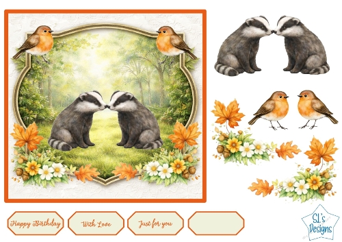 Woodland Badgers Card Front – Forest Animals with Robins, Autumn Leaves, Flowers & Sentiments