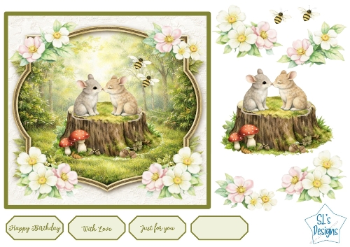Woodland Mice on Tree Stump – Cute Forest Animals with Flowers, Bees, Toppers & Sentiments