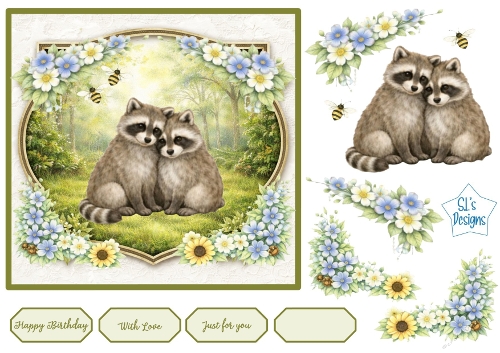 Woodland Raccoons Card Front – Forest Animals with Flowers, Bees, Toppers & Sentiments