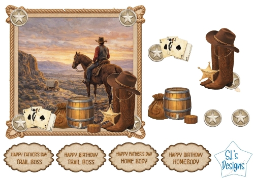 Western Cowboy Card Front – Horse, Wagon, Sheriff Badge, Boots, Hat & Sentiments