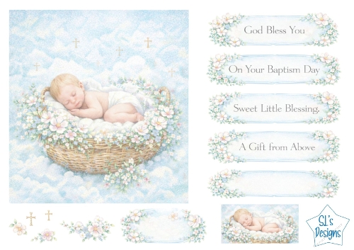 Baby Blessing & Baptism Card Front – Sleeping Baby with Flowers, Soft Pastel Sky & Sentiments