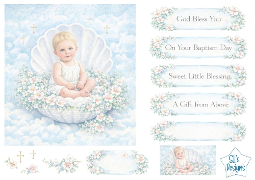 Baby Baptism & Blessing Card Front – Sleeping Baby in Shell with Flowers, Pastel Sky & Sentiments