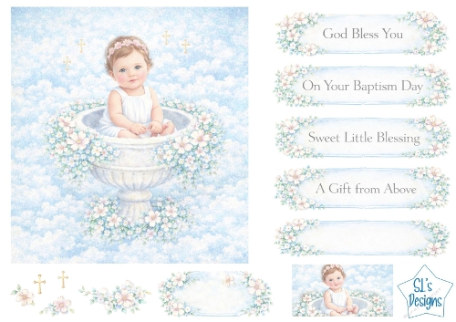 Baby Baptism Card Front – Baby in Baptismal Font with Flowers, Clouds & Sentiments