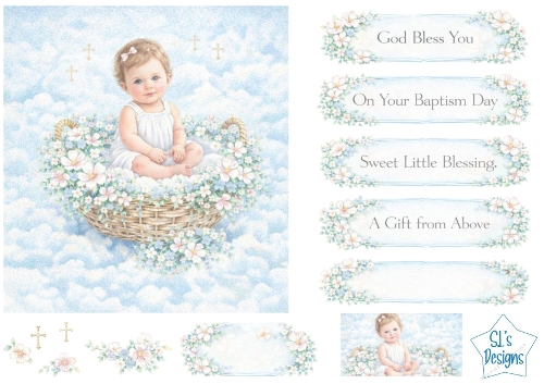 Baby Baptism & Blessing Card Front – Baby in Basket with Flowers, Clouds & Sentiments