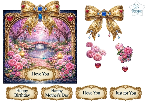 Luxury Cherry Blossom Bridge Frame Topper with Gold Bow, Hearts & Sentiment Labels