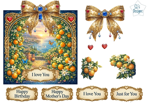 Luxury Mediterranean Sunset Topper with Gold Frame, Oranges, Blossoms & Sentiments