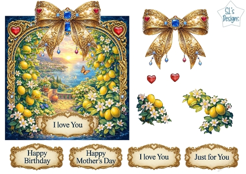 Luxury Lemon Blossom Coastal Sunset Topper with Gold Frame, Jewels & Sentiments