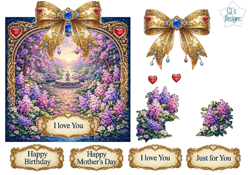 Luxury Lilac Garden Sunset Topper with Gold Frame, Jewels, Bows & Sentiments
