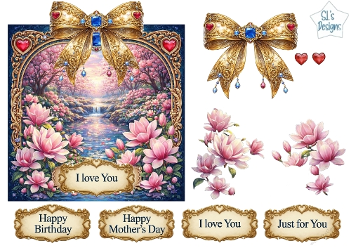 Luxury Magnolia River Sunset Topper with Gold Frame, Jewels, Bows & Sentiments