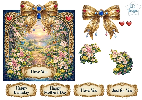 Luxury Garden Path Sunset Topper with Gold Frame, Jewels, Flowers & Sentiments