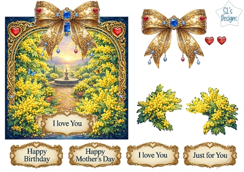 Luxury Yellow Garden Sunset Topper with Gold Frame, Jewels, Flowers & Sentiments