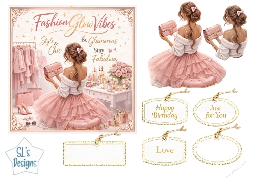 Chic Pink Fashion Girl Topper with Vanity, Roses, Tags & Glam Sentiments