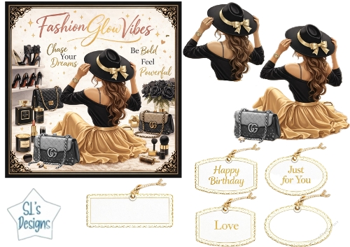 Luxury Black & Gold Fashion Girl Topper with Glam Tags, Roses & Motivational Panels