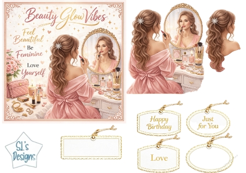 Luxury Pink Beauty Vanity Topper with Glam Girl, Makeup, Tags & Affirmation Panels