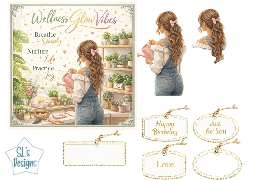 Wellness Indoor Garden Topper with Girl Watering Plants, Greenery, Tags & Positive Panels
