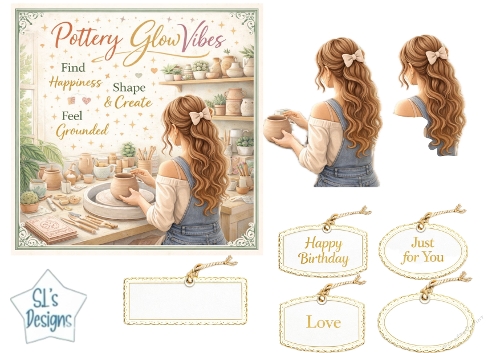 Pottery Studio Craft Topper with Girl at Wheel, Clay Tools, Tags & Motivational Panels