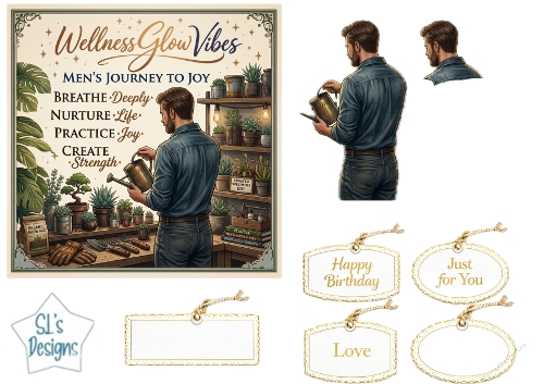 Mens Wellness Indoor Garden Topper with Guy Watering Plants, Greenery, Tags & Motivational Panels