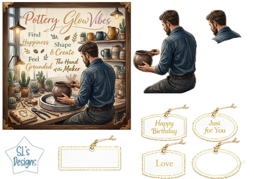 Pottery Studio Craft Topper with Girl at Wheel, Clay Tools, Tags & Inspirational Panels