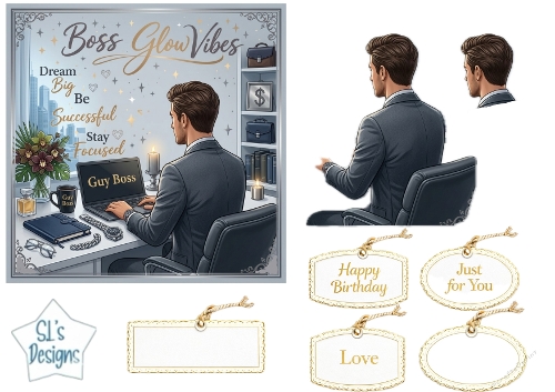 Luxury Guy Boss Office Topper with Man at Desk, Laptop, Tags & Motivational Panels