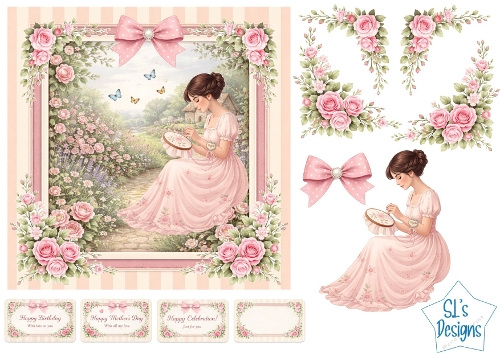 Vintage Embroidery Lady Card Front – Cottage Garden Scene with Roses, Bow, Toppers & Sentiments