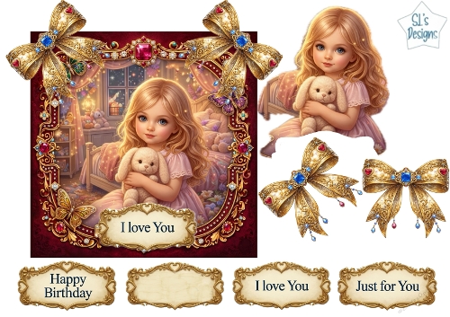 Luxury Child & Bunny Topper with Gold Frame, Jewels, Bows & Sentiments