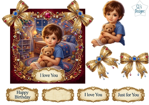 Luxury Boy & Teddy Bear Topper with Gold Frame, Jewels, Bows & Sentiments
