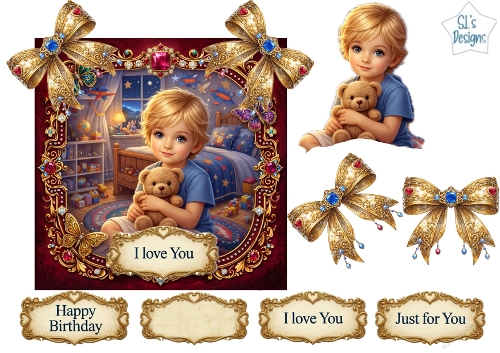 Luxury Boy & Teddy Bear Topper with Gold Frame, Jewels, Bows & Sentiments 1