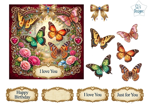 Luxury Butterfly & Floral Topper with Gold Frame, Jewels, Bows & Sentiments