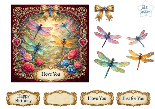 Luxury Dragonfly & Floral Topper with Gold Frame, Jewels, Bows & Sentiments