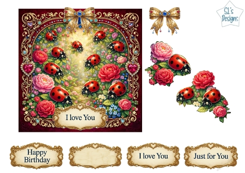 Luxury Ladybug & Floral Topper with Gold Frame, Jewels, Bows & Sentiments