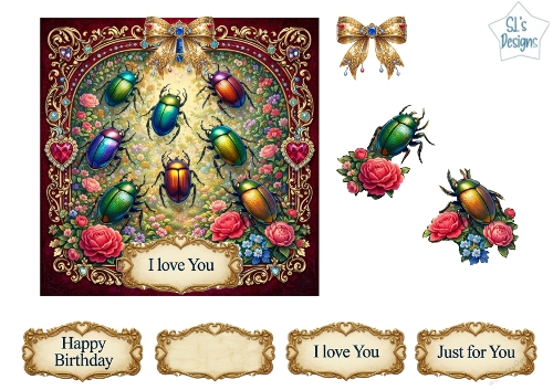 Luxury Beetle & Floral Topper with Gold Frame, Jewels, Bows & Sentiments
