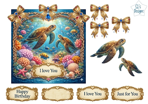 Luxury Sea Turtle Ocean Topper with Gold Frame, Jewels, Bows & Sentiments